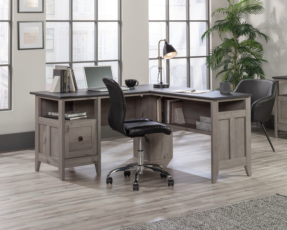 August Hill L-Shaped Home Office Desk in Mystic Oak