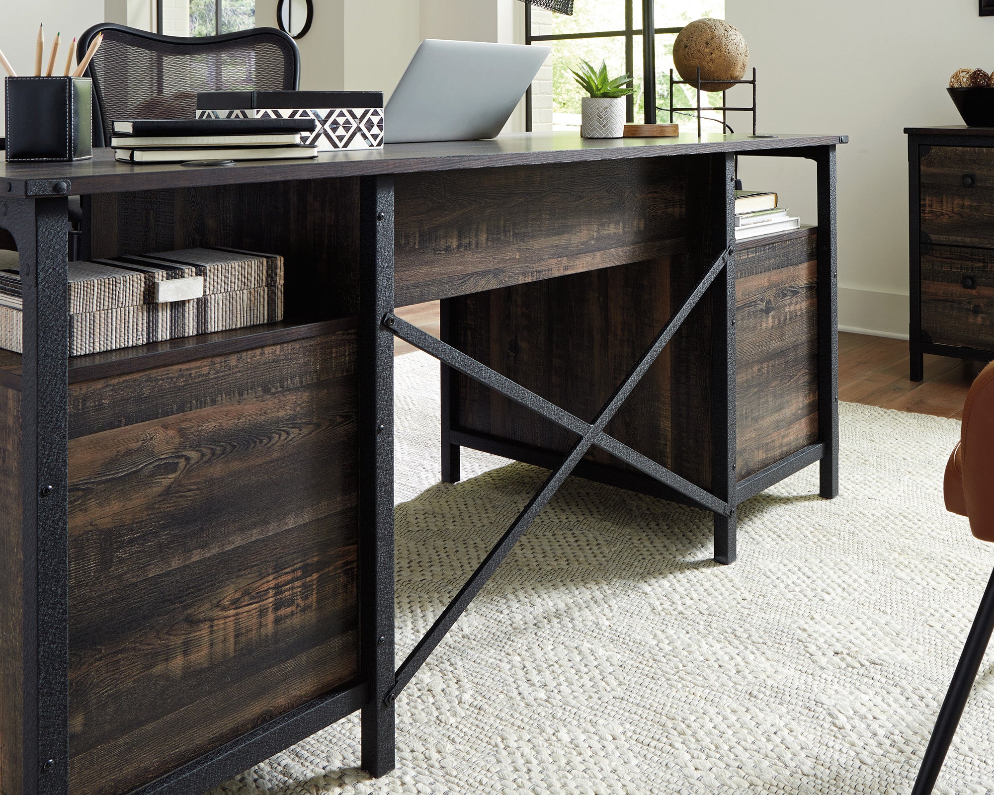 Steel River  Industrial Desk with Drawers in Carbon Oak