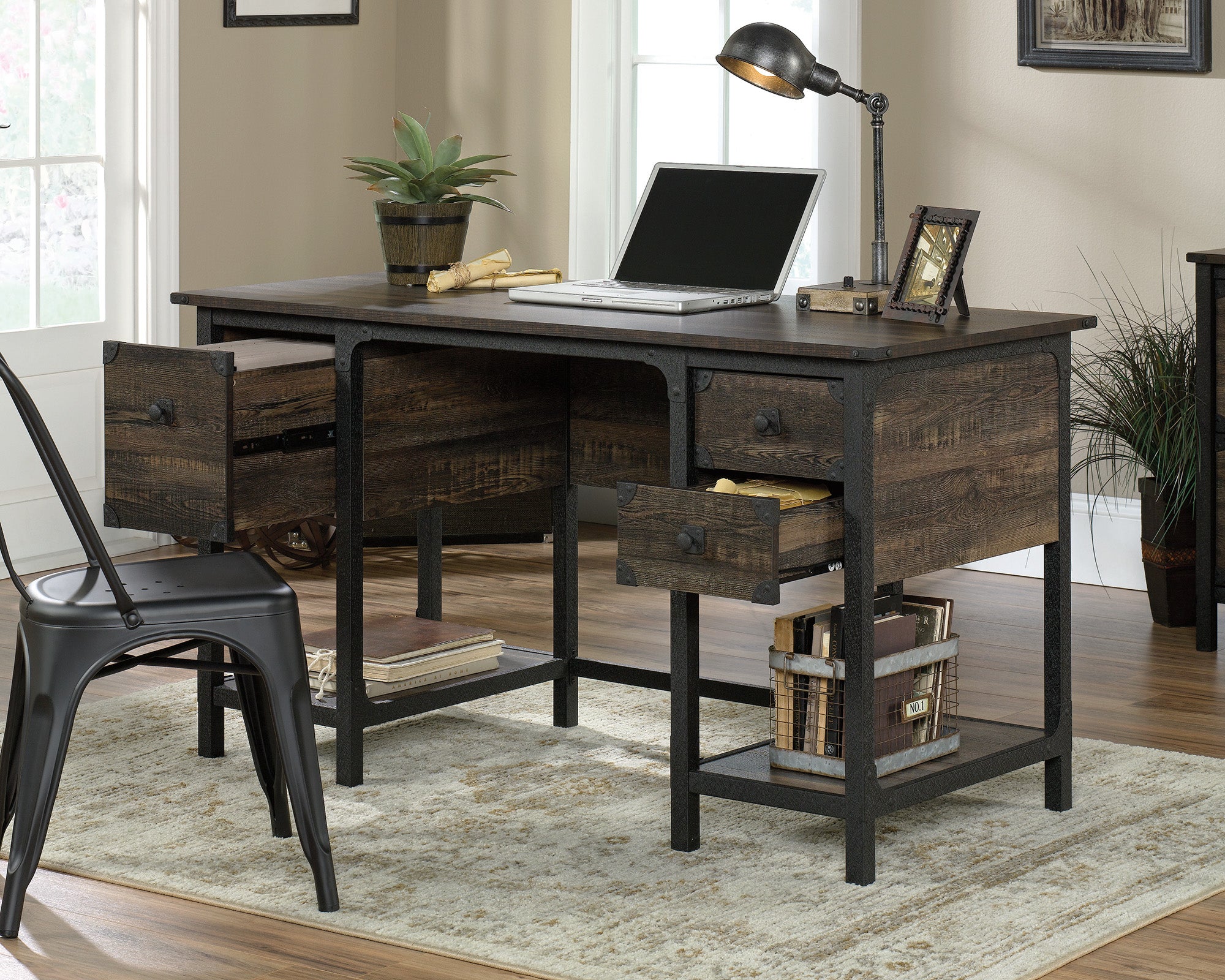 Steel River  Small Computer Desk in Rustic Carbon Oak