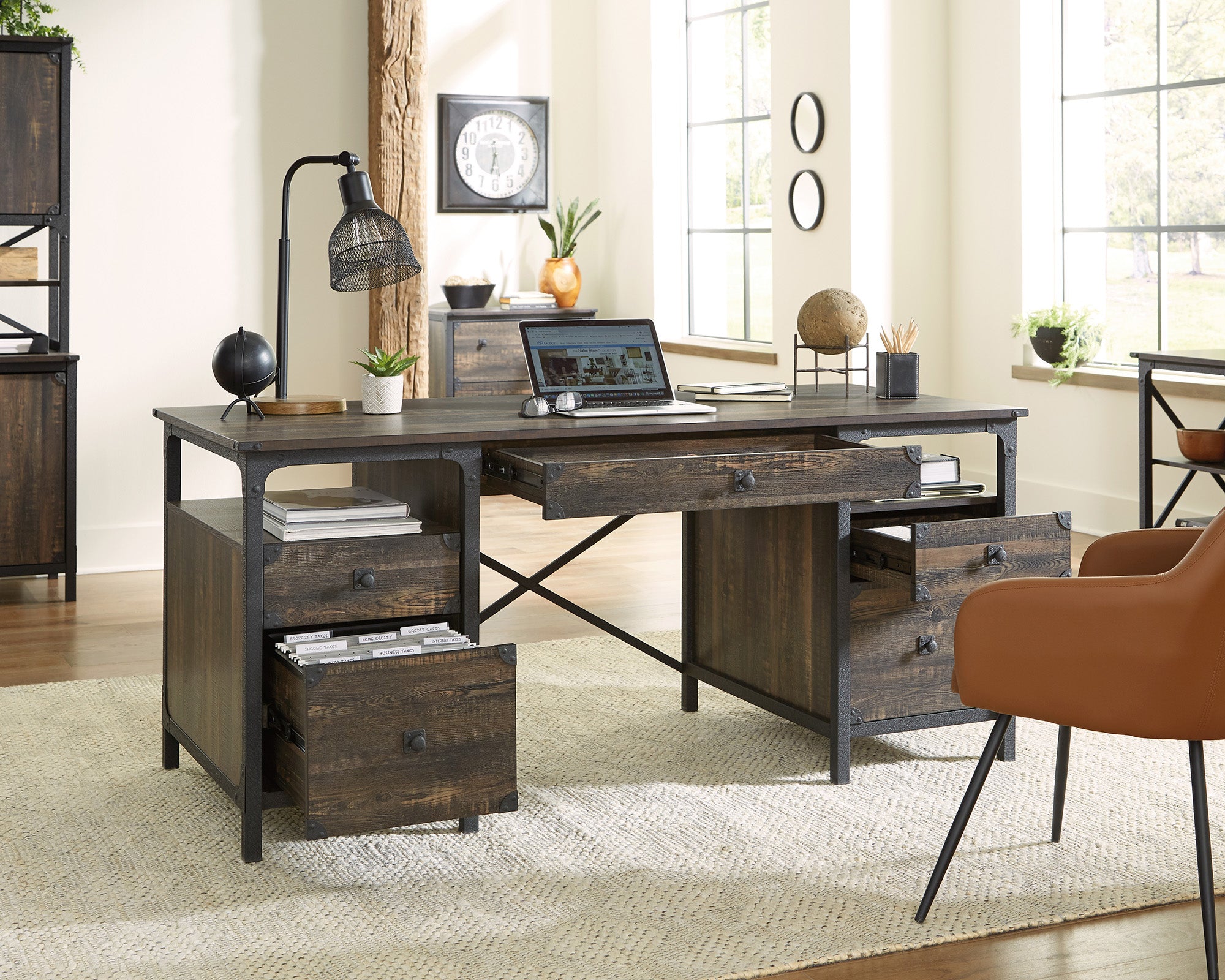 Steel River  Industrial Desk with Drawers in Carbon Oak