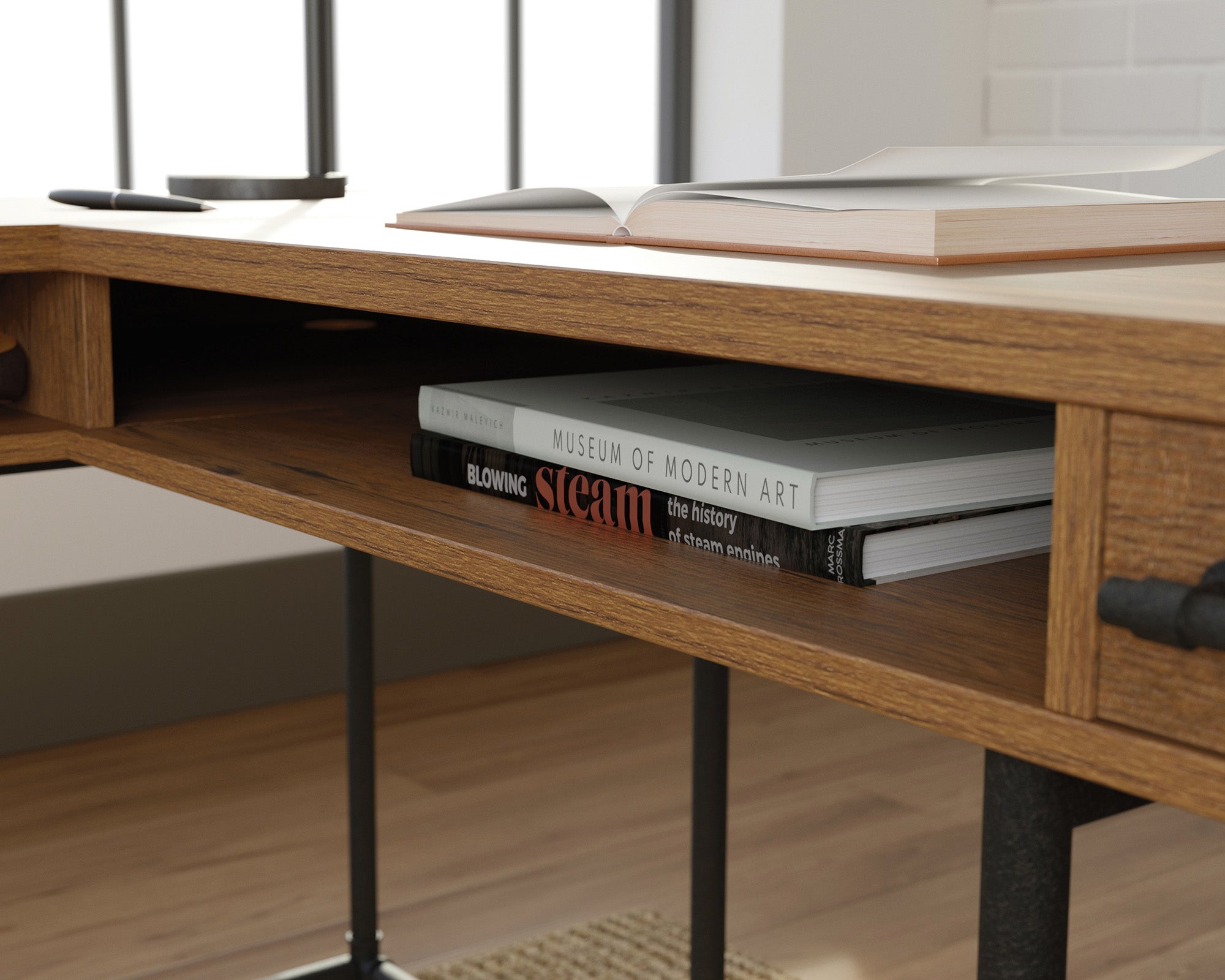 Iron City  L-Shaped Home Office Desk in Checked Oak