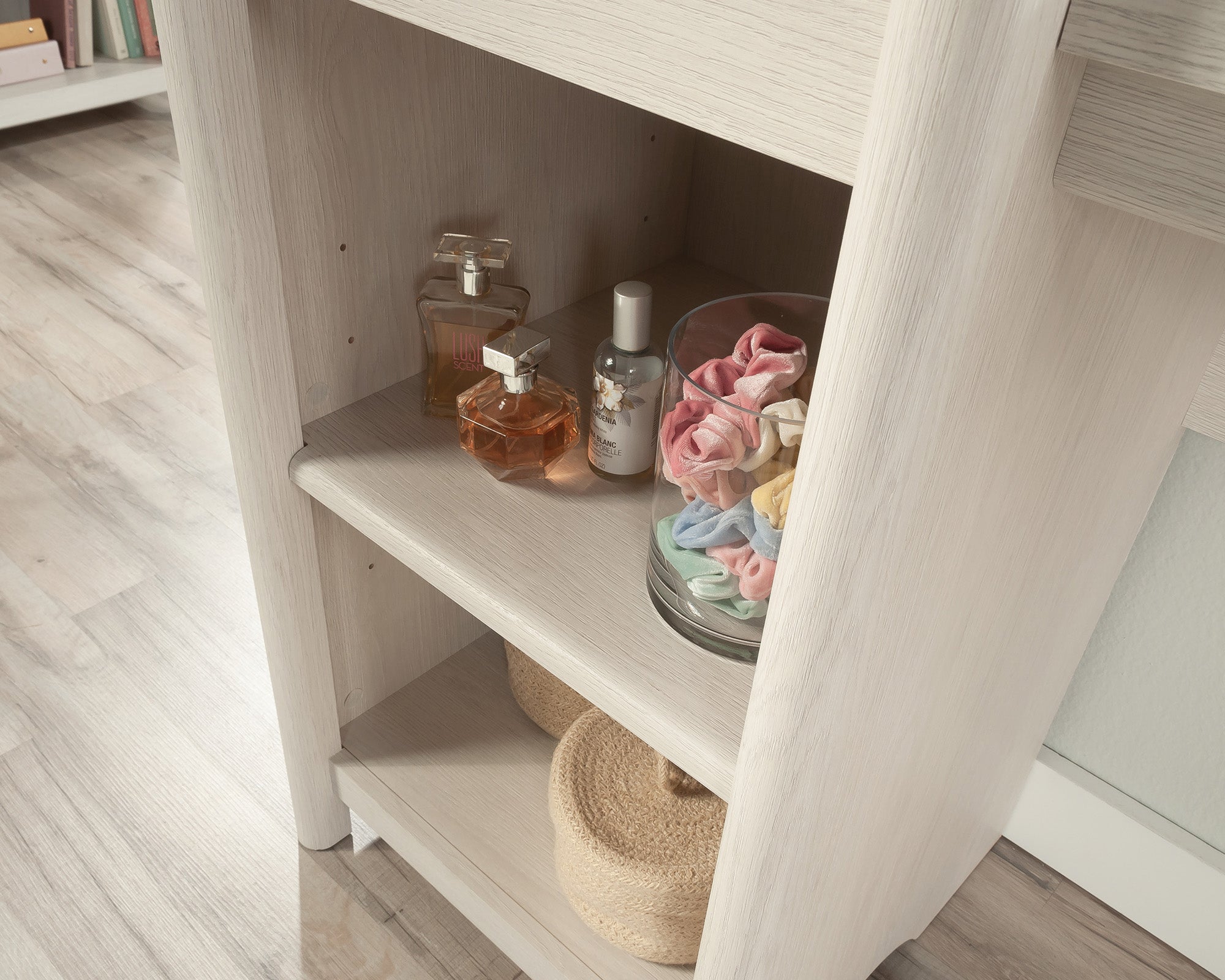 Dover Edge  Bedroom Vanity with Mirror in Glacier Oak