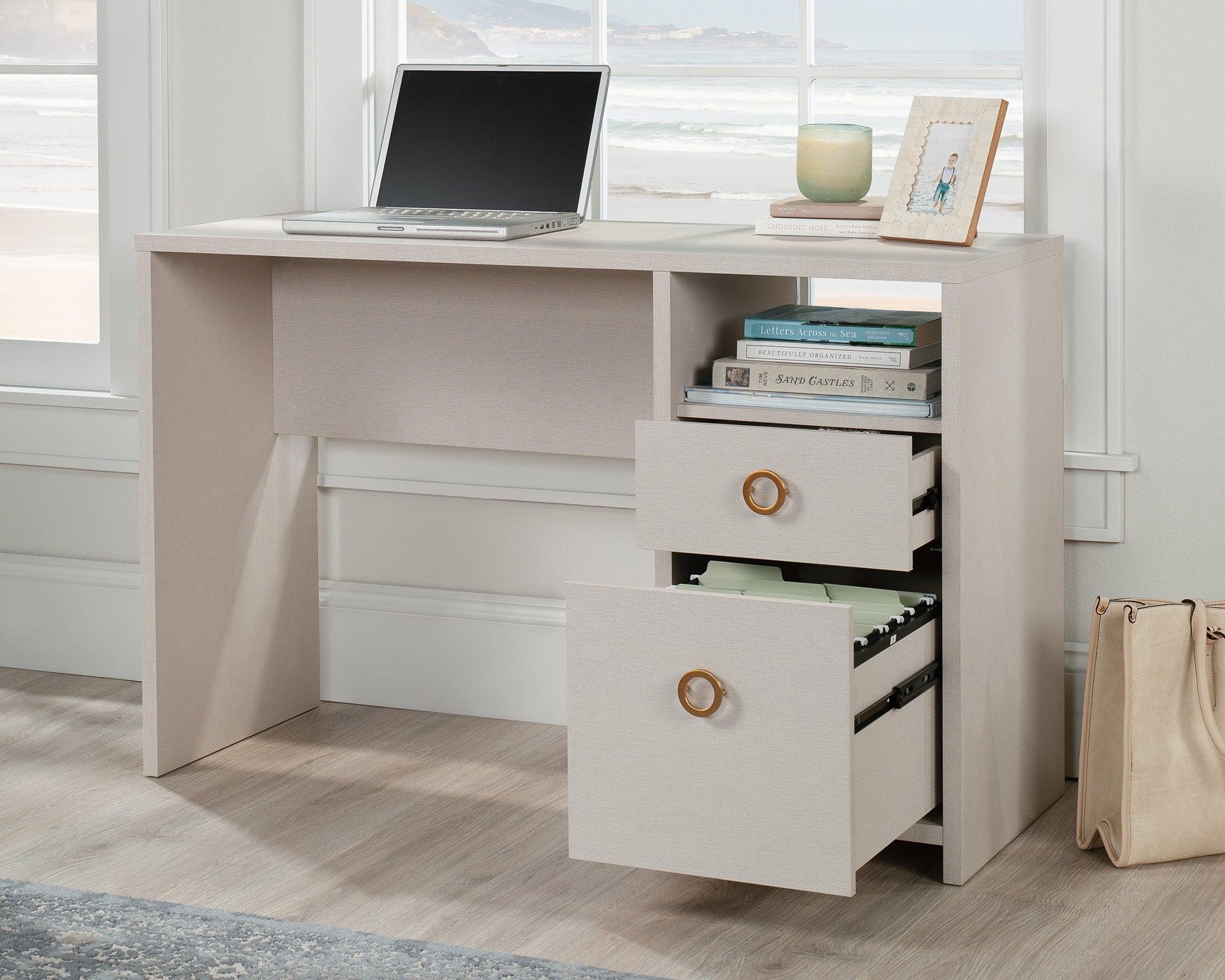 Grand Coast  Single Pedestal Desk in Dove Linen