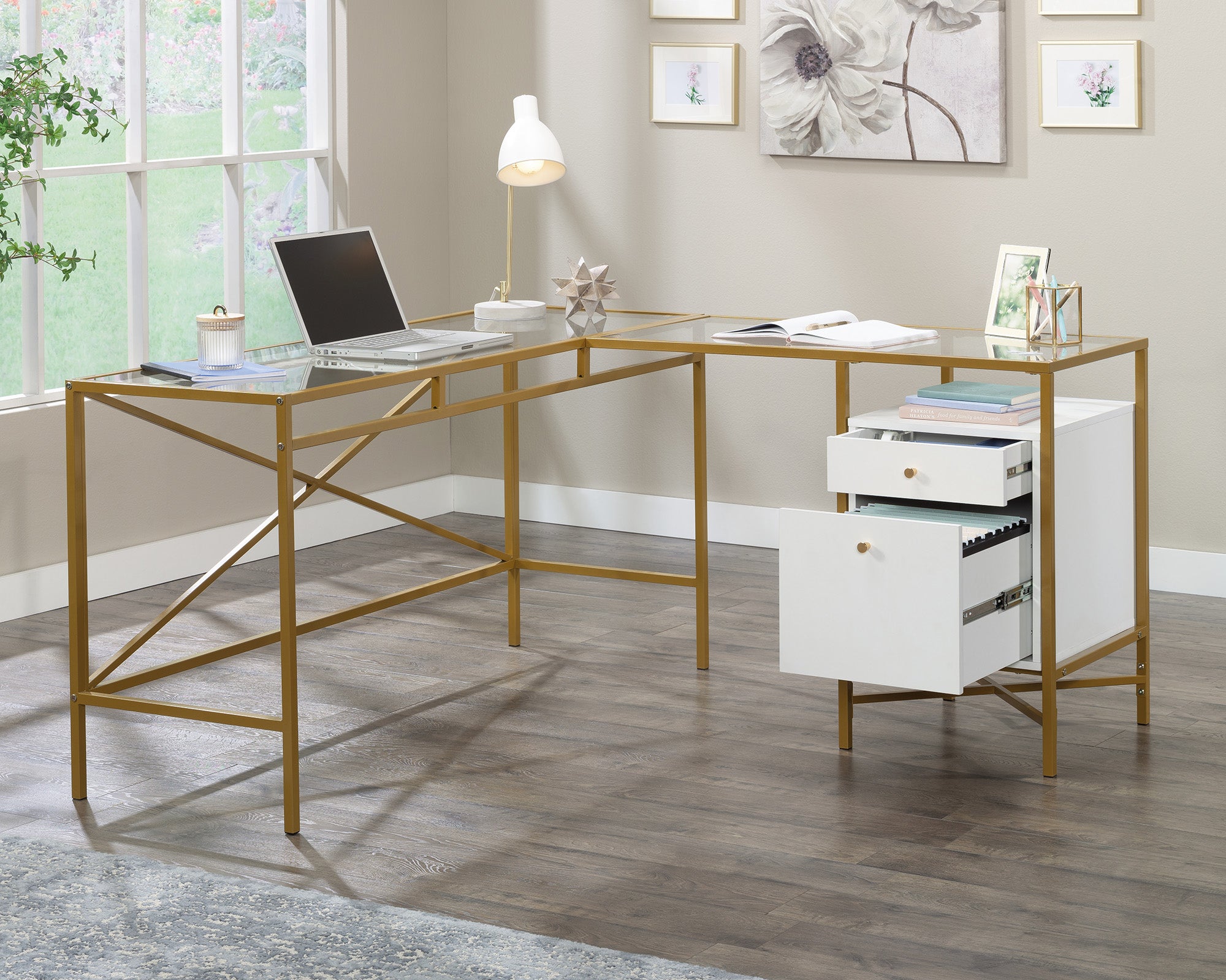 Harper Heights Glass Top L-Shaped Desk in White