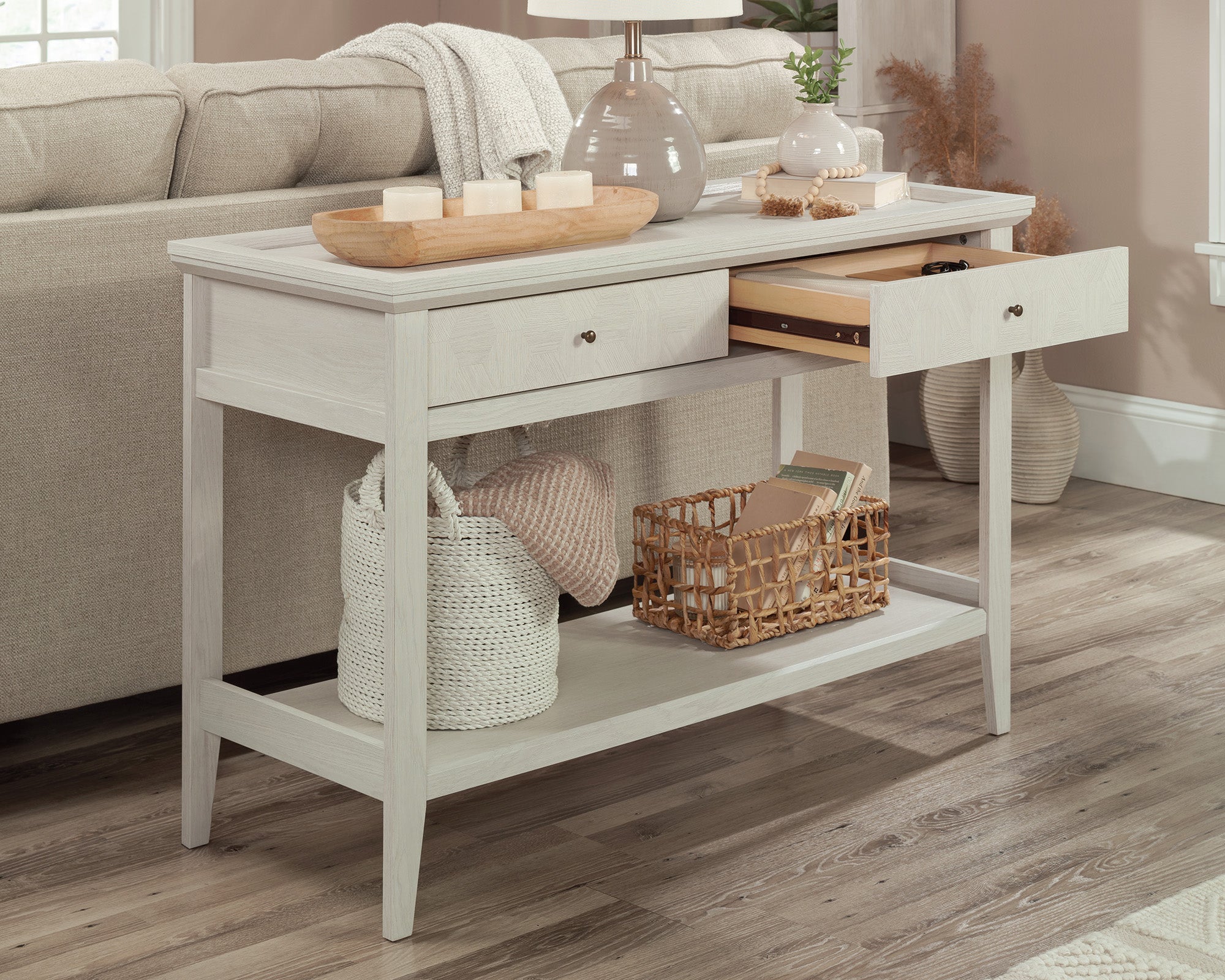 Larkin Ledge Console Table with Storage in Glacier Oak