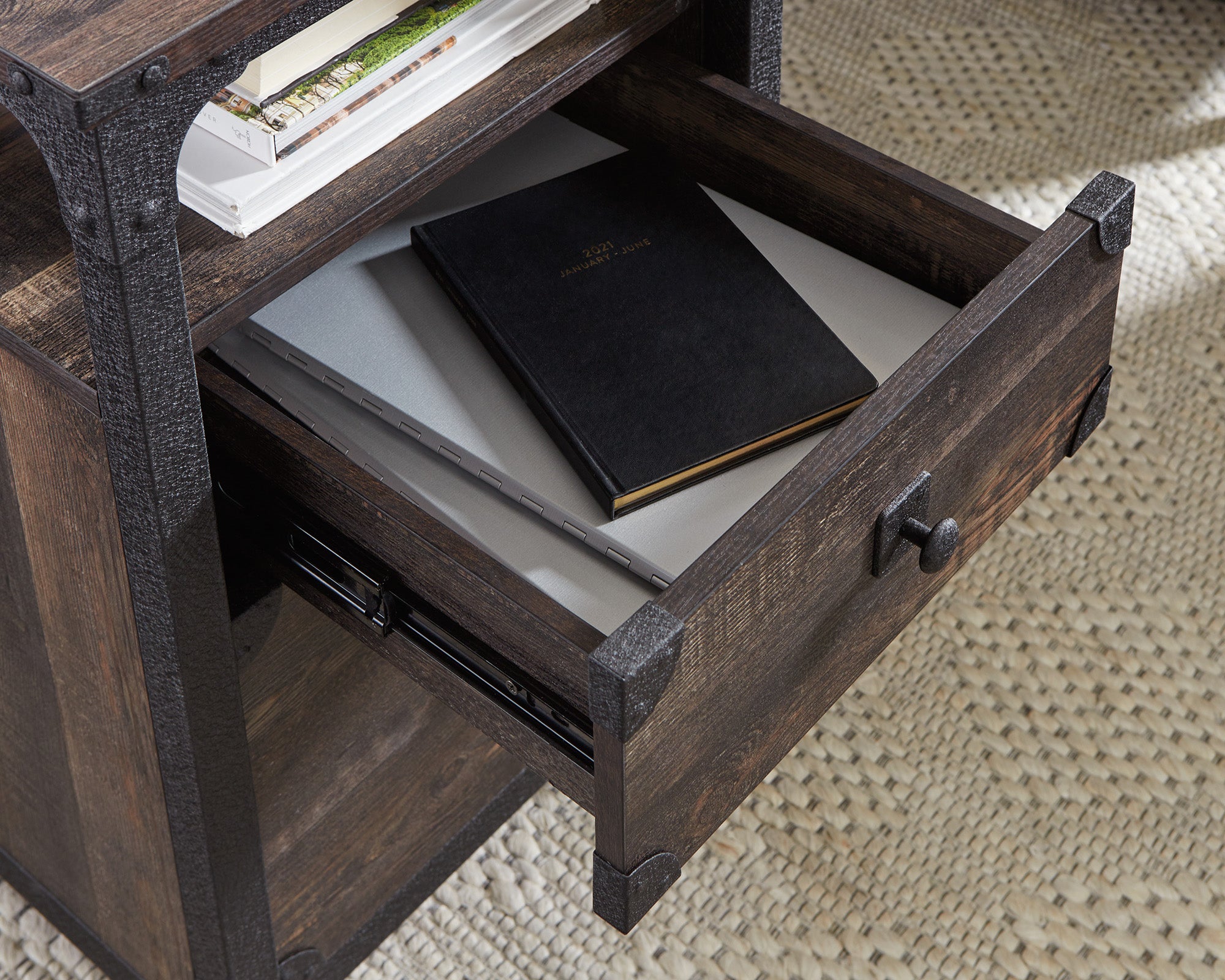 Steel River  Industrial Desk with Drawers in Carbon Oak