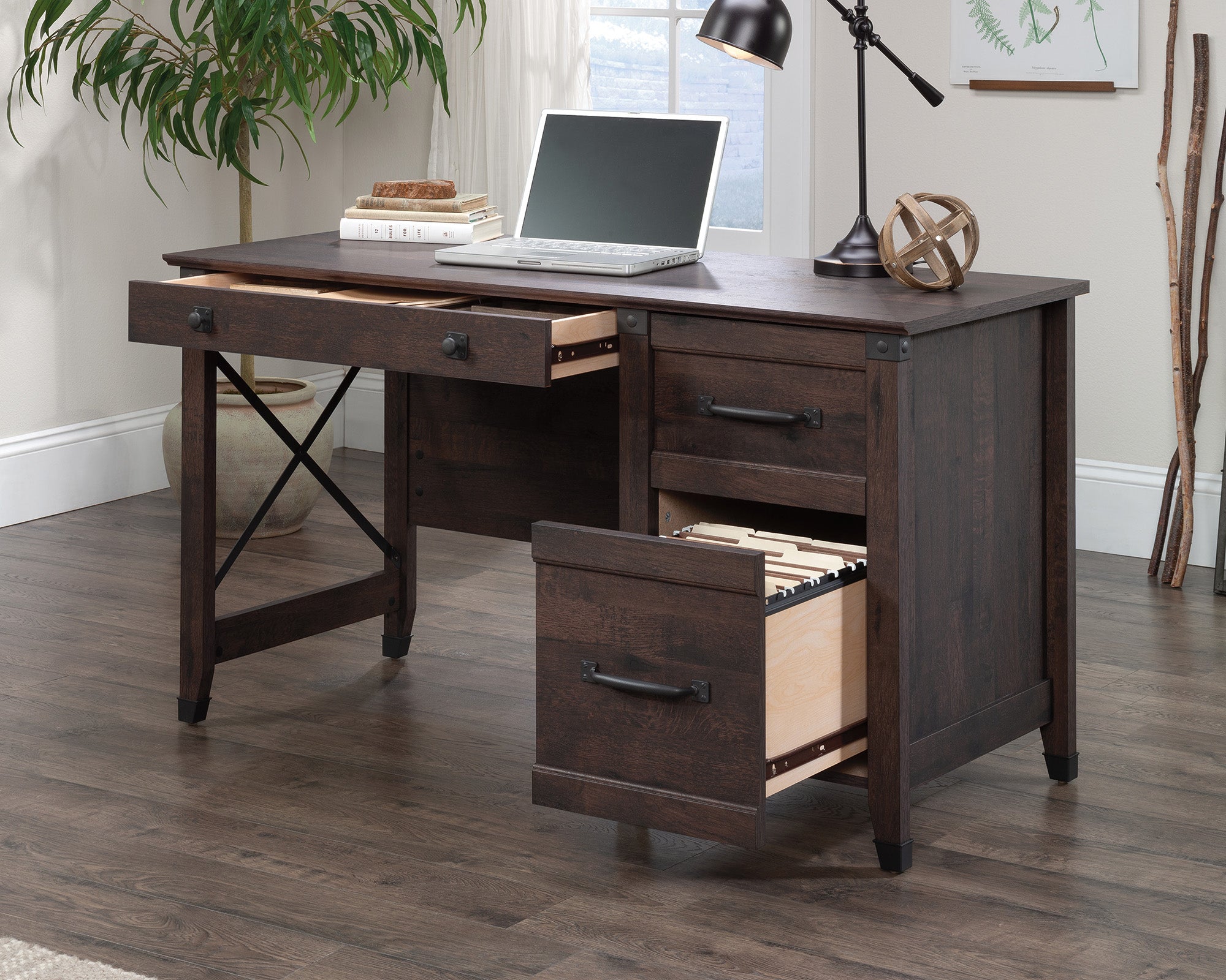 Carson Forge  Single Pedestal Desk with Drawers, Coffee Oak