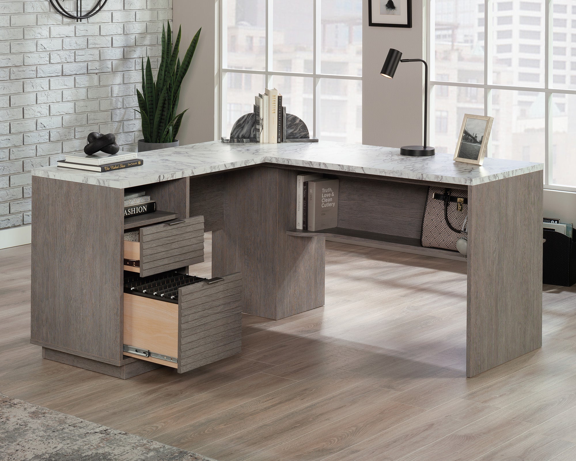 East Rock  Contemporary L-Shaped Desk in Ashen Oak