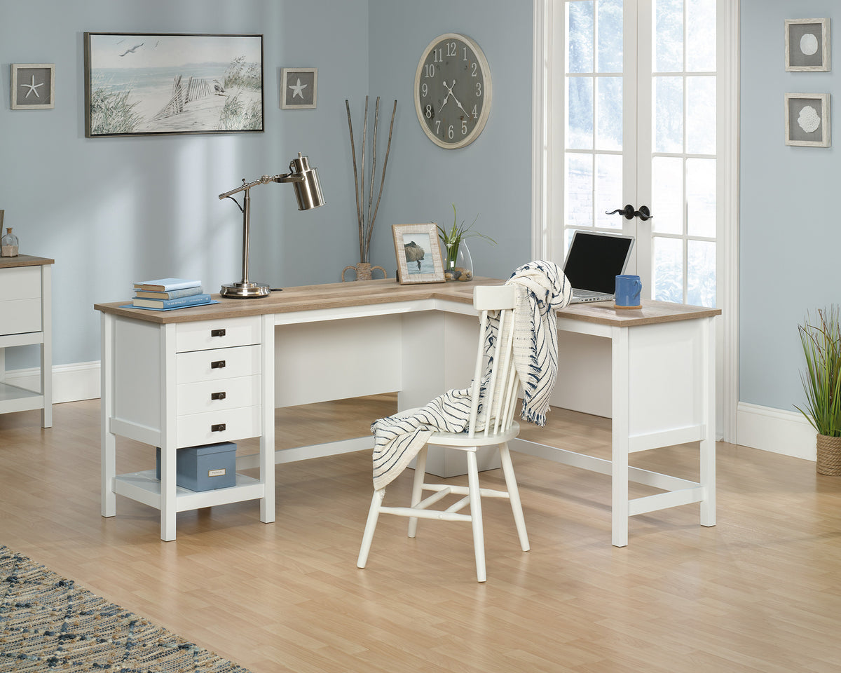 Cottage Road  White L-Shaped Desk with Oak Finished Top