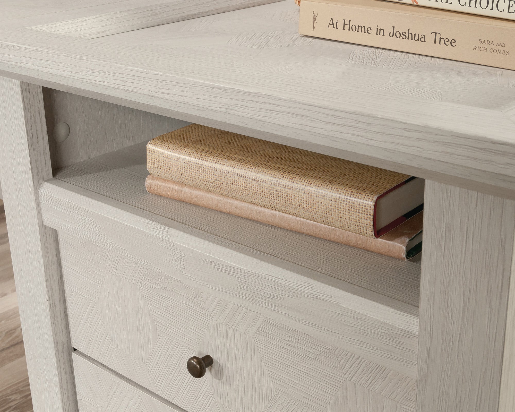 Larkin Ledge L-Shaped Desk with Drawers in Glacier Oak